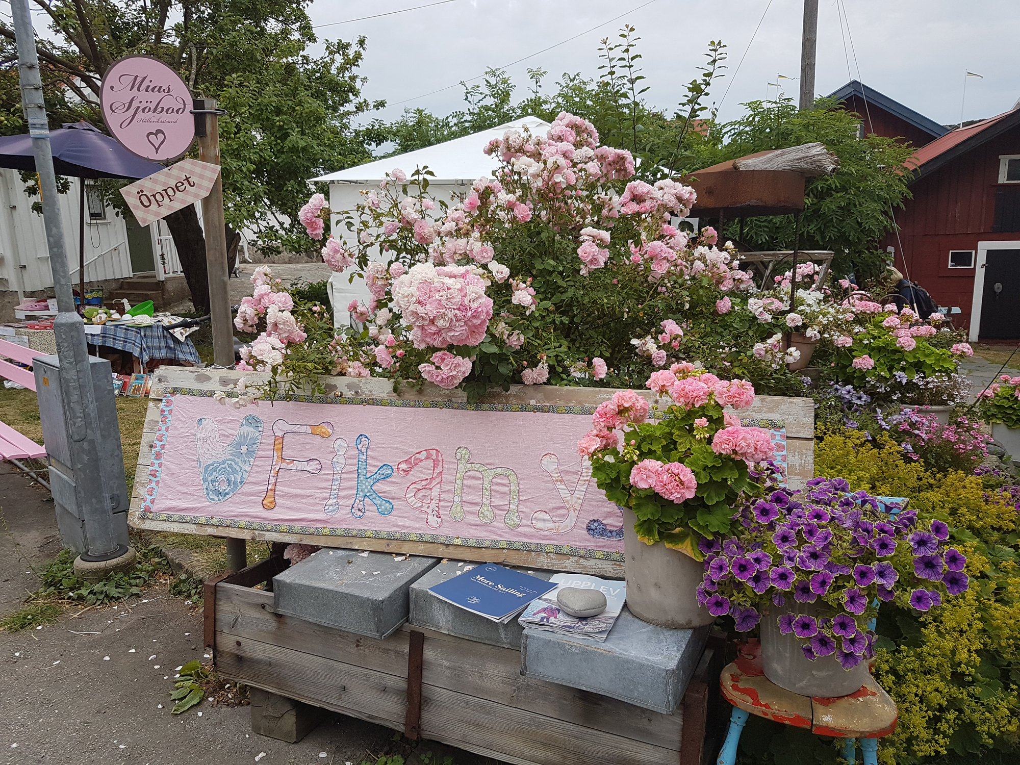 Ingång till kafe med vackra blommor